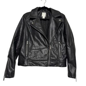 H&M Black Faux Leather Asymmetric Moto Jacket Coat Size M Biker Edgy Urban Cool